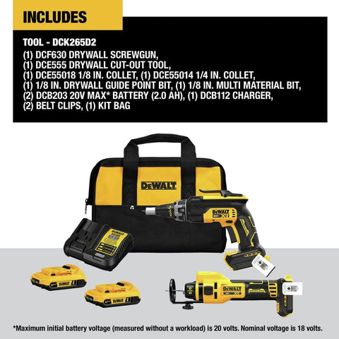 DEWALT DCK265D2 cut-out tool close-up showing fast, tool-free bit changes for quick work