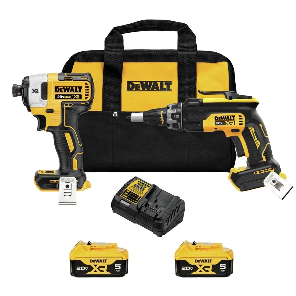DEWALT DCK268P2 drywall screwgun close-up shows depth adjustment for consistent installs.