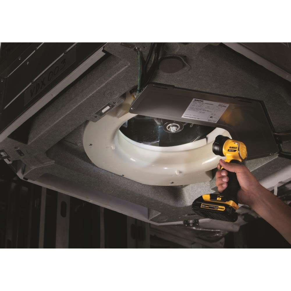 DEWALT DCL040 in-use with integrated hook for hands-free placement
