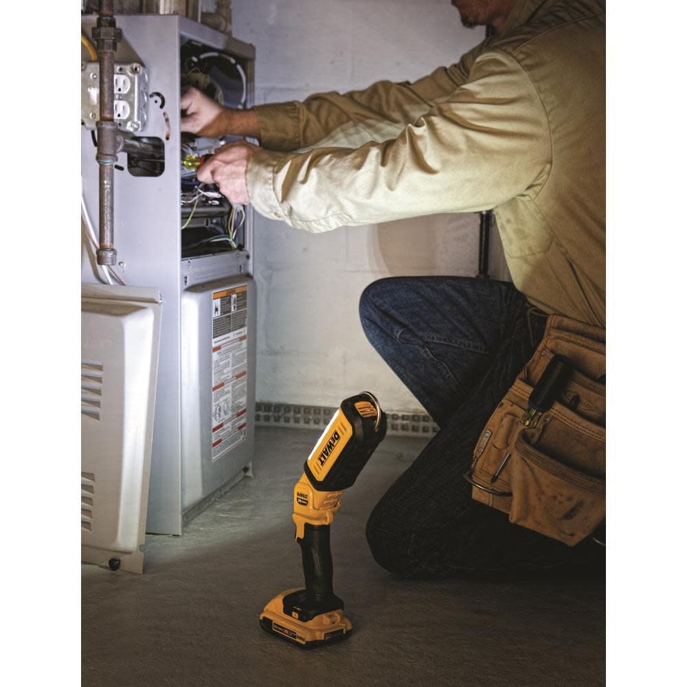 DEWALT DCL050 telescoping hook demonstrates versatile hanging options on site materials.