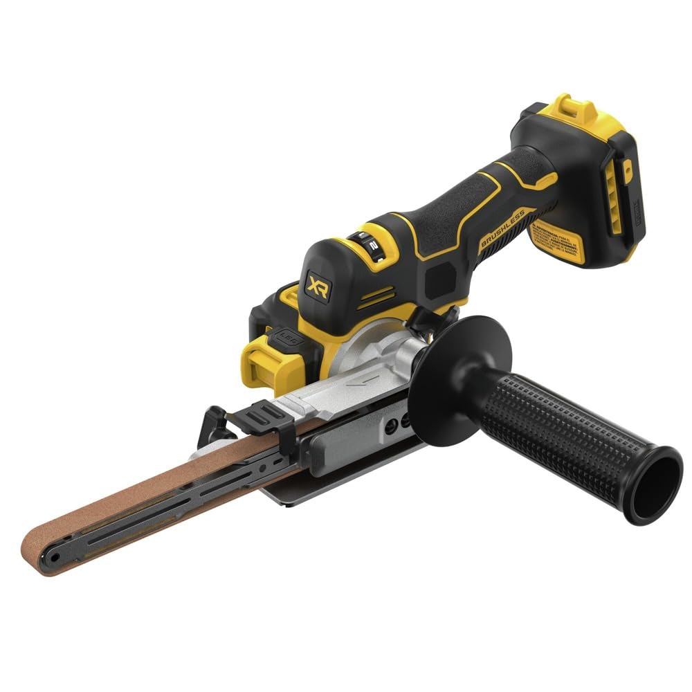 DEWALT DCM200B front view shows a compact belt sander design for job-site use.