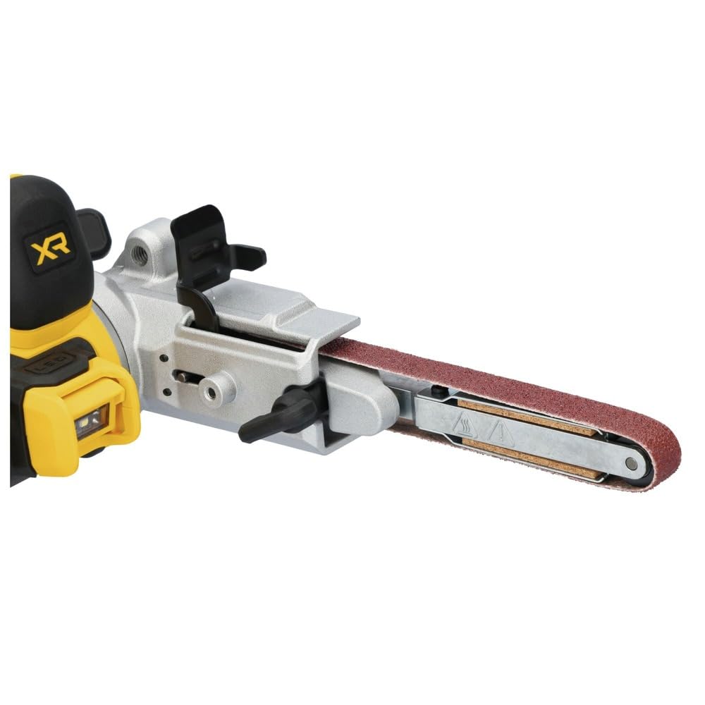 DEWALT DCM200B tool-free belt change for quick setups.