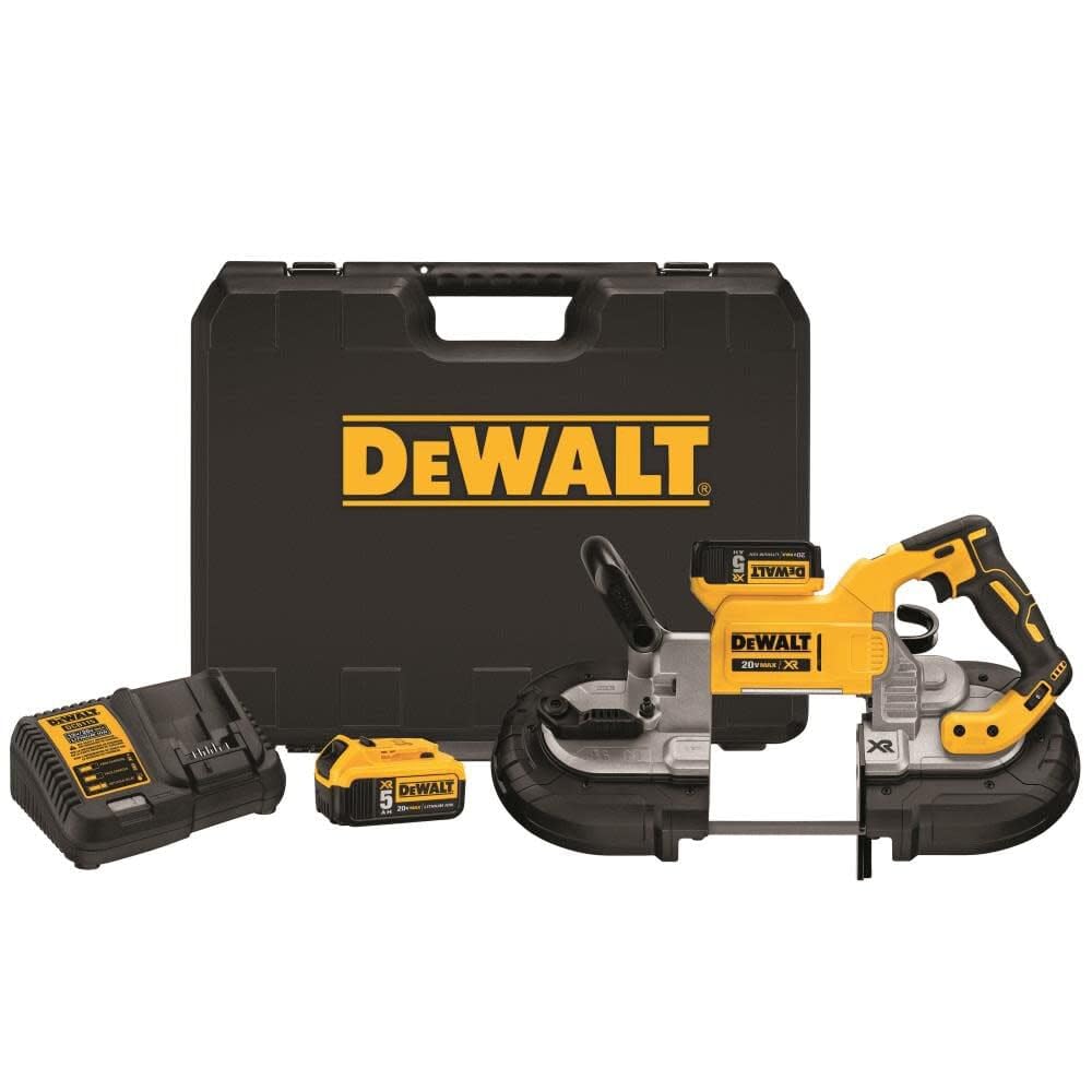 DEWALT DCS374P2 bandsaw in use delivering precise metal cuts