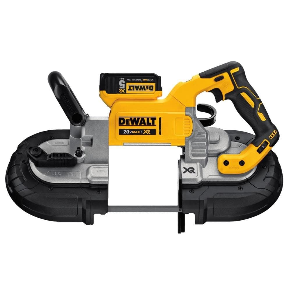 DEWALT DCS374P2 demonstrates cutting capacity for rectangular stock up to 5 x 4-3/4 inches