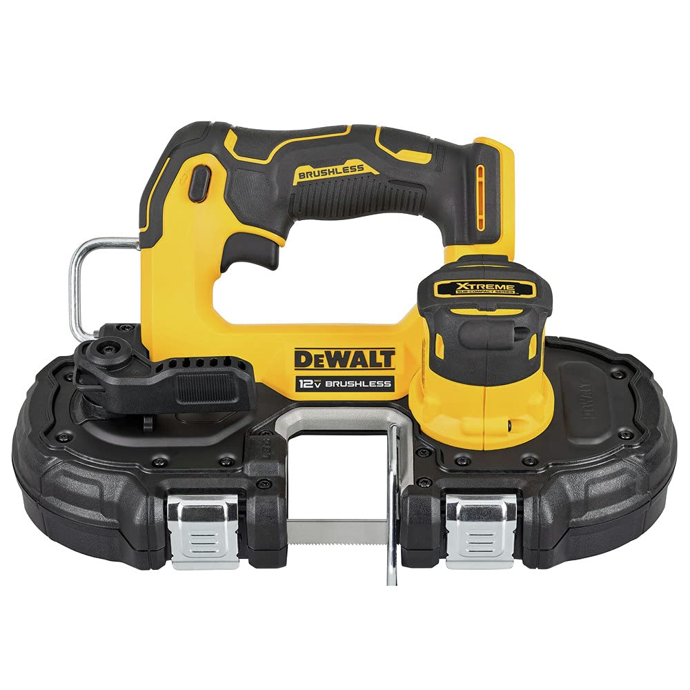 DEWALT DCS375B compact bandsaw overhead cut for tight-space work