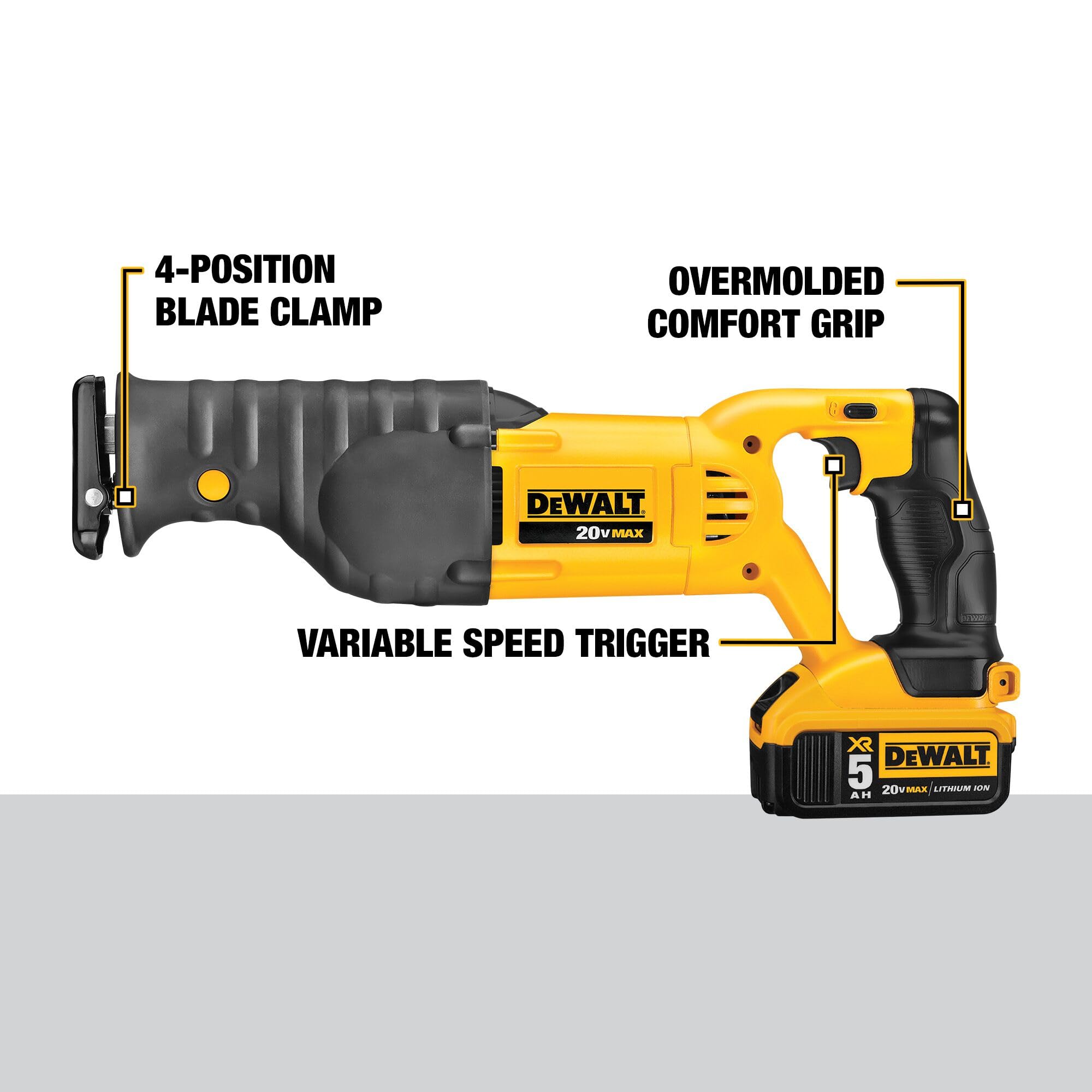 DEWALT DCS380P1 4-position blade clamp enabling flush cuts and quick blade changes