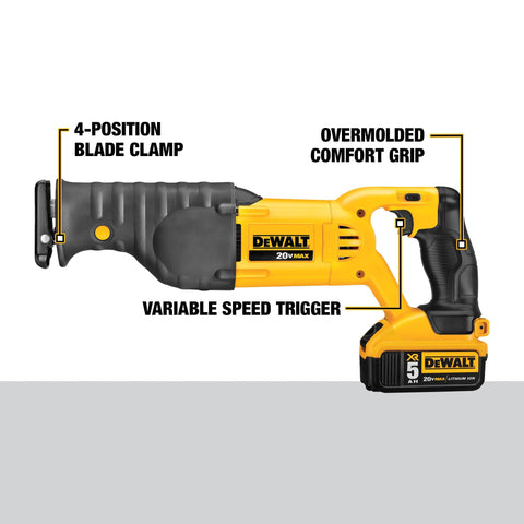 DEWALT DCS380P1 4-position blade clamp enabling flush cuts and quick blade changes