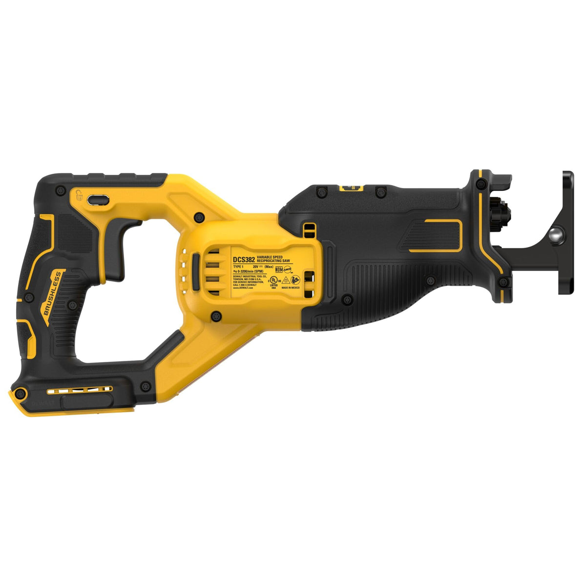 DEWALT DCS382B in hand performing quick cuts with cordless reciprocating saw.
