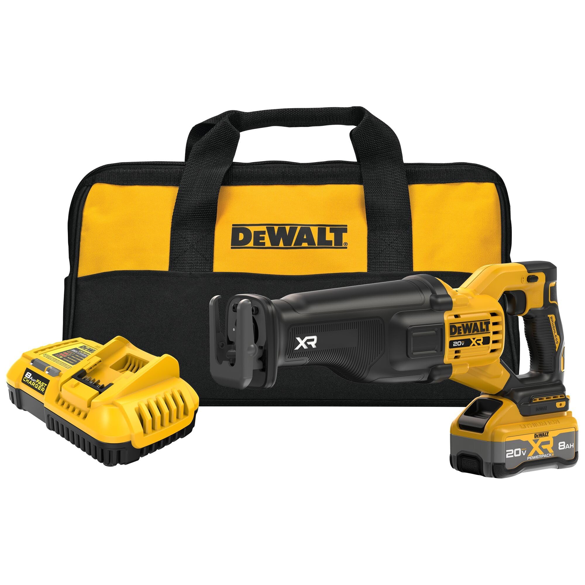 DEWALT DCS384WW1 reciprocating saw in action for fast demolition cuts