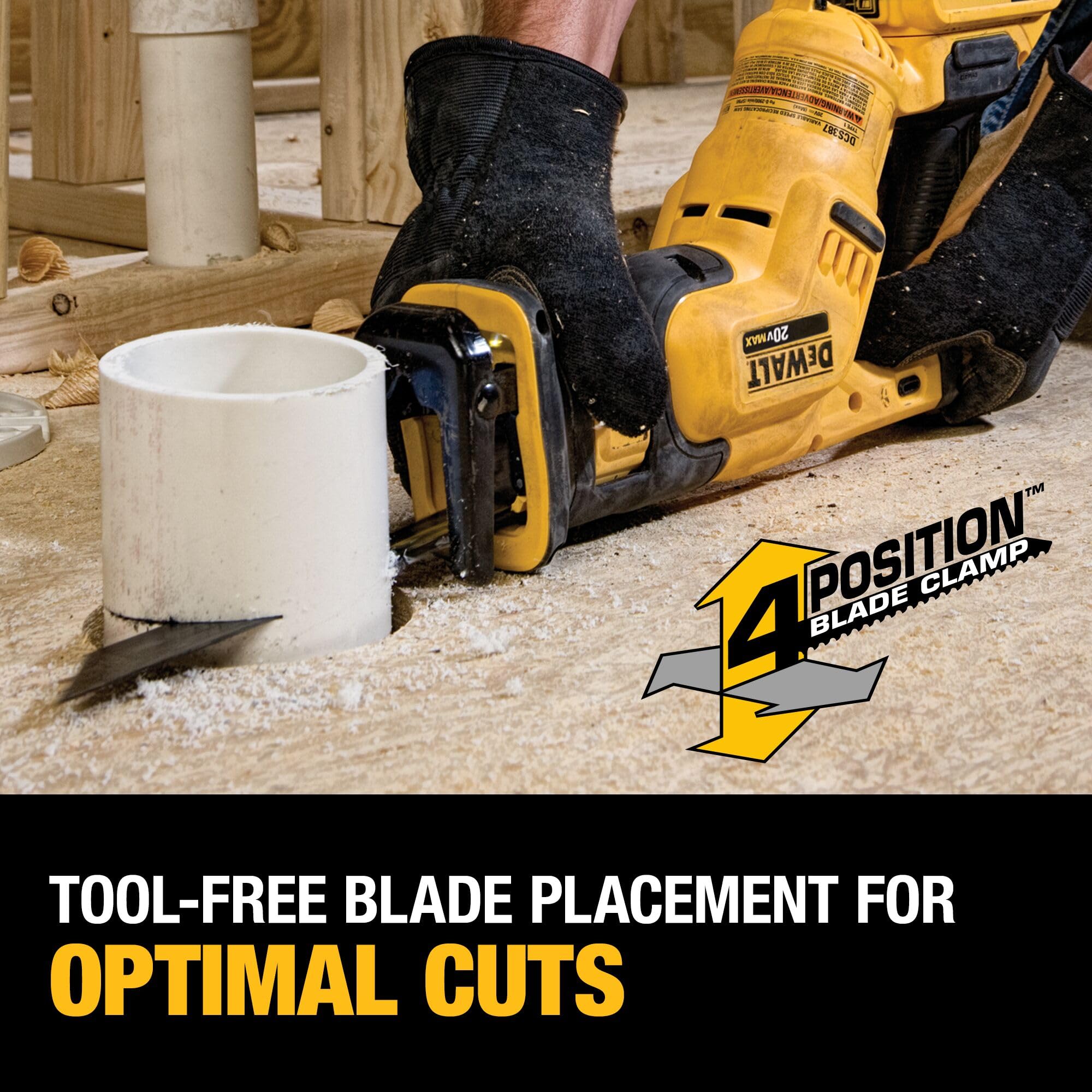 DEWALT DCS387D1 bright LED light improves visibility in dim spaces.