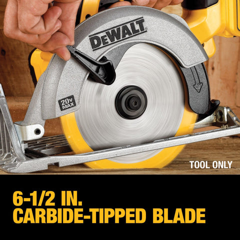 DEWALT DCS391P1 blade closeup showing carbide tip for precise cuts