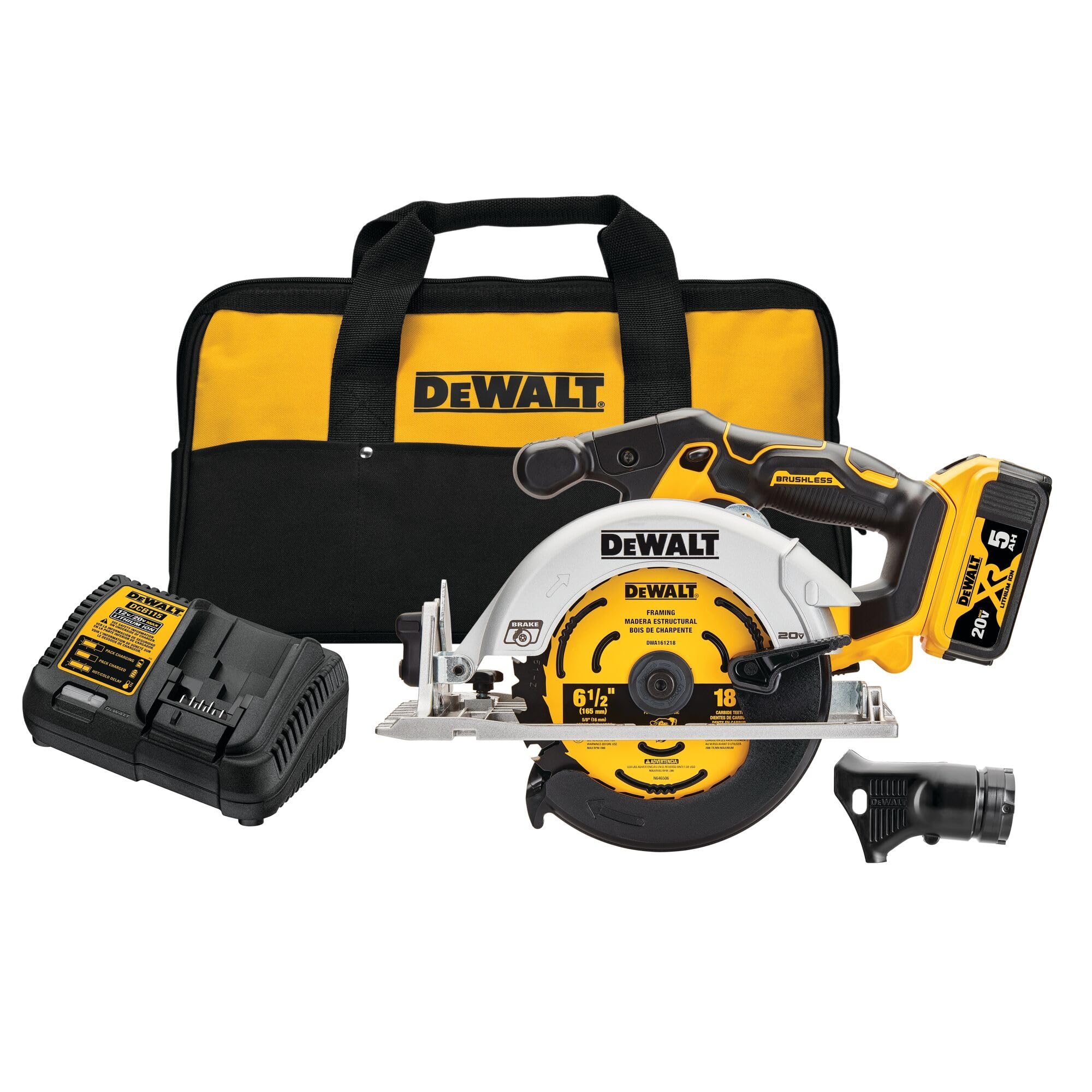 DEWALT DCS565P1 circular saw in action with LED illumination for precise cuts.