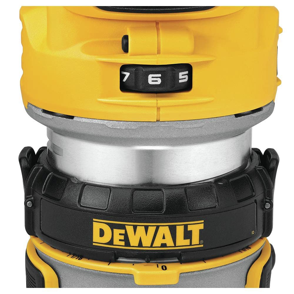 DEWALT DCW600B base detail highlighting stable base for clean edge cuts