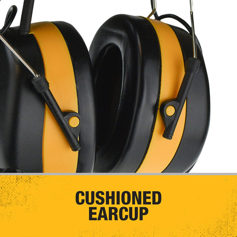 DEWALT DPG15 soft foam earcups closeup for comfortable all-day wear.
