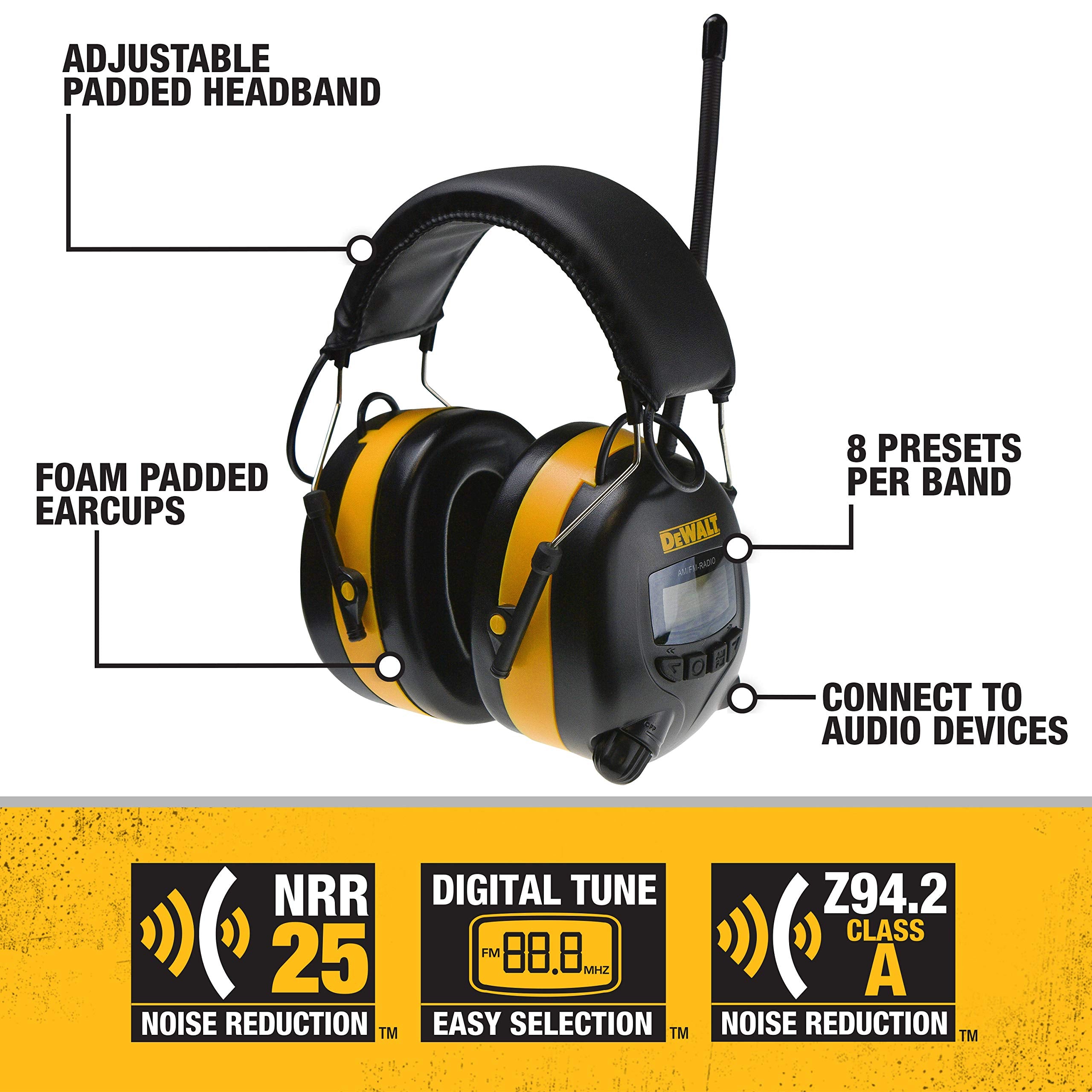 DEWALT DPG15 ear muff side view showing adjustable headband for a secure fit.