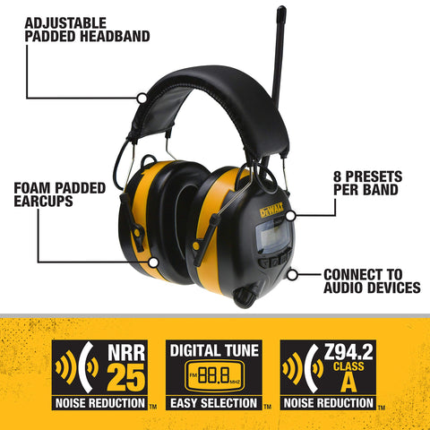 DEWALT DPG15 ear muff side view showing adjustable headband for a secure fit.