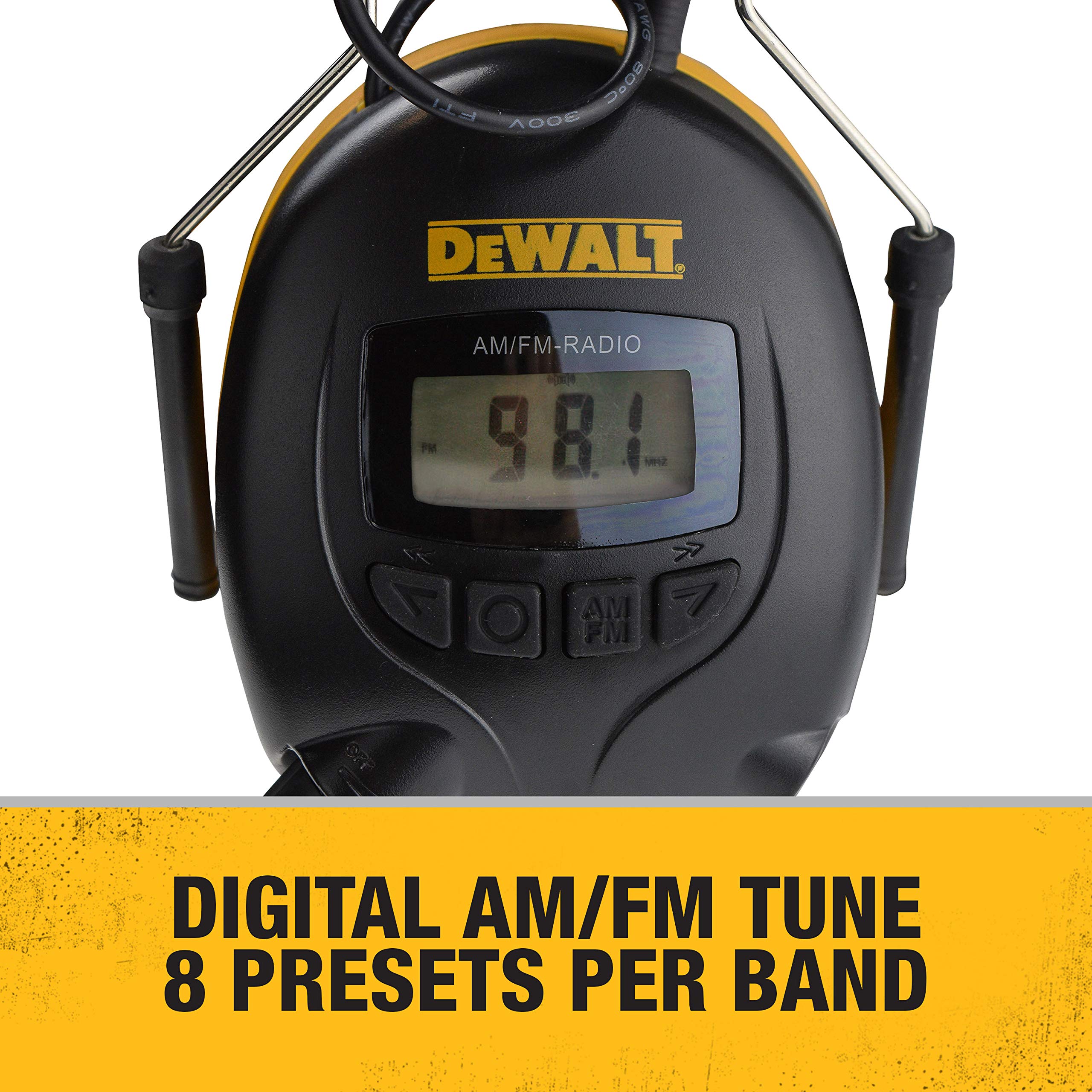 DEWALT DPG15 LCD display closeup highlighting easy radio tuning at work.