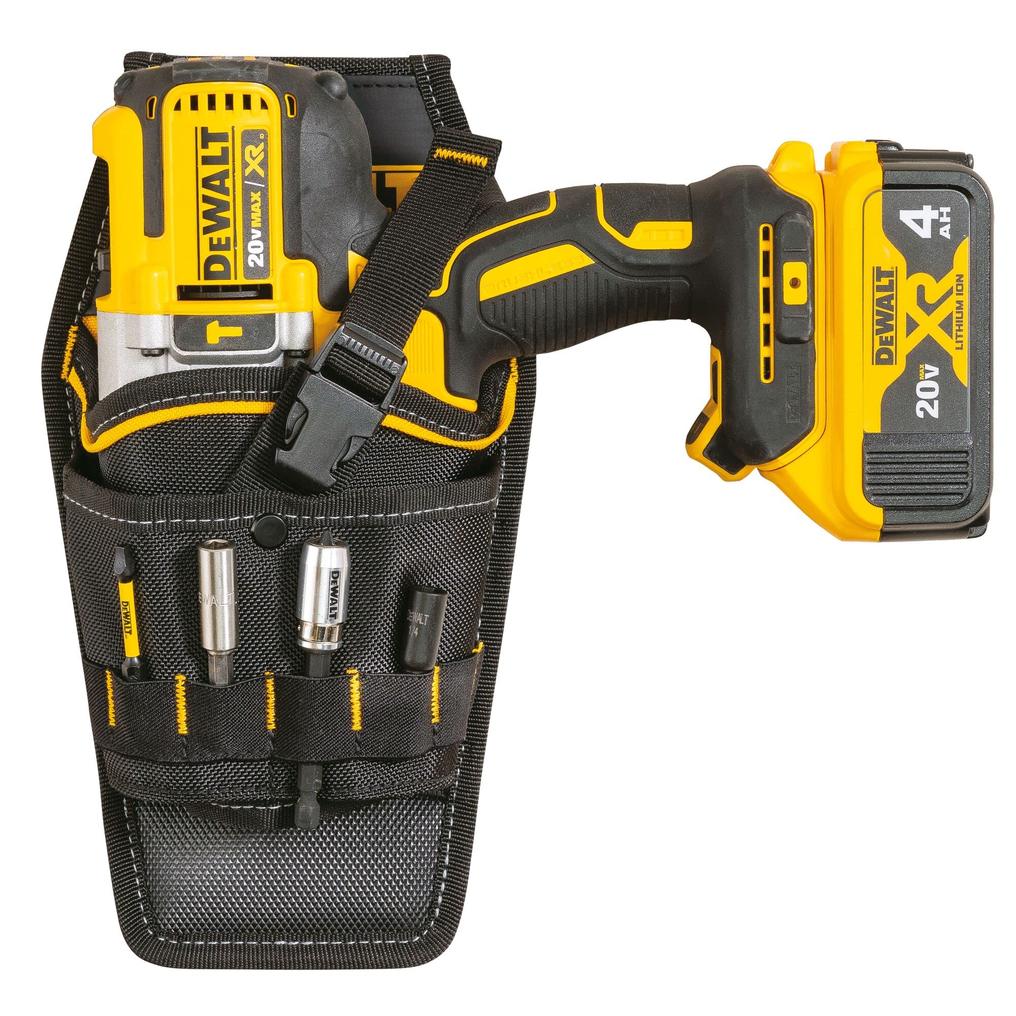 DEWALT drill holster with dirt-repellant tarpaulin helps keep gear clean.