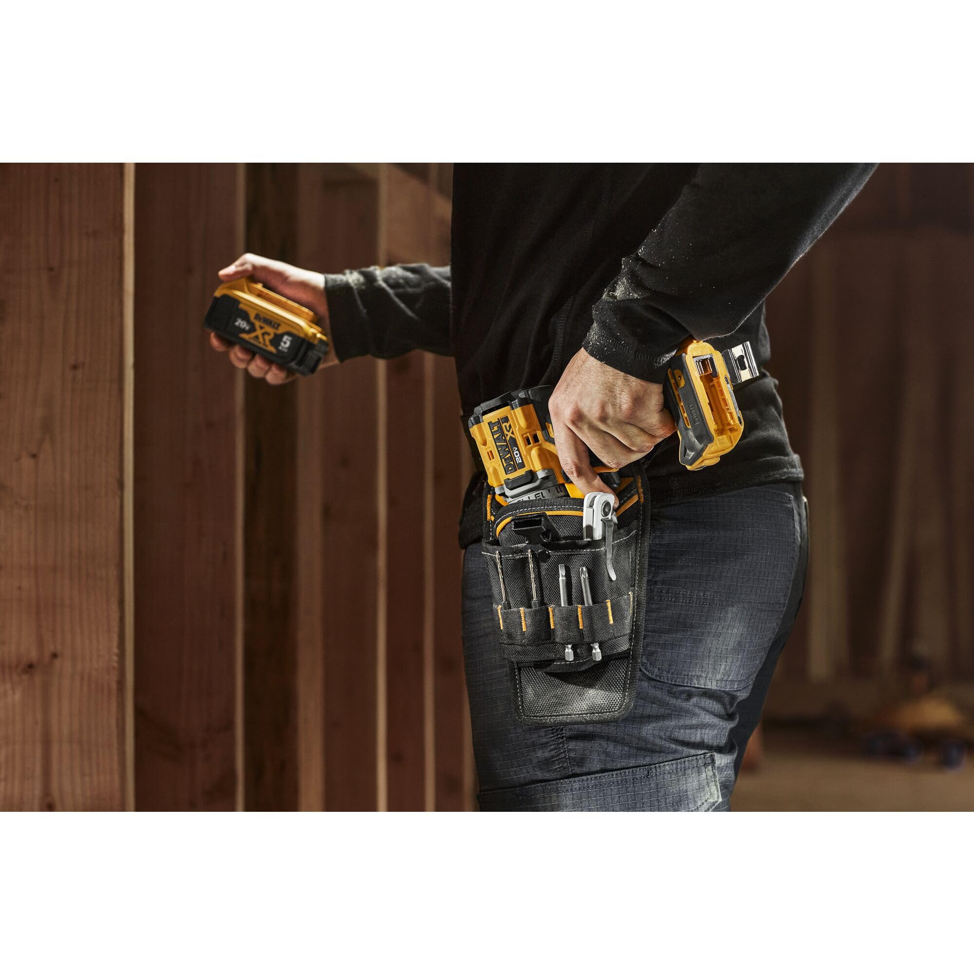 DEWALT drill holster uses durable 1680 denier fabric for rugged jobsite wear.