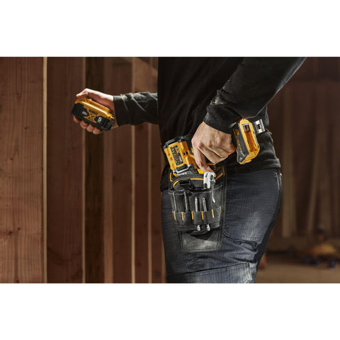 DEWALT drill holster uses durable 1680 denier fabric for rugged jobsite wear.