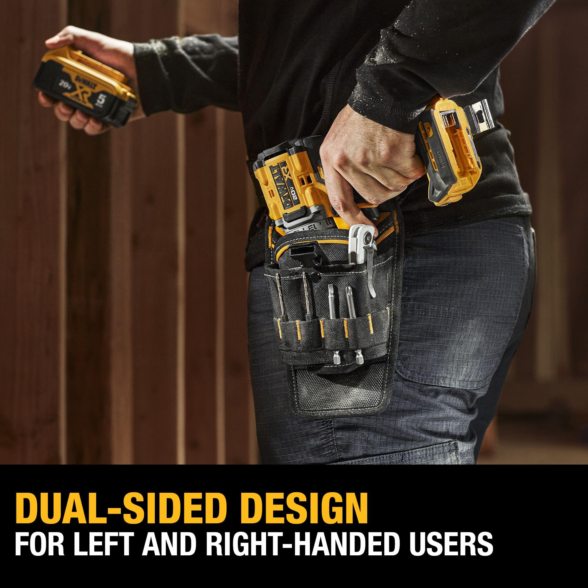 DEWALT drill holster features quick-release buckle for fast secure access to your drill.