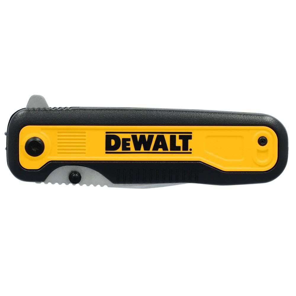 DEWALT Drop Point Pocket Knife shown in hand for versatile tasks.
