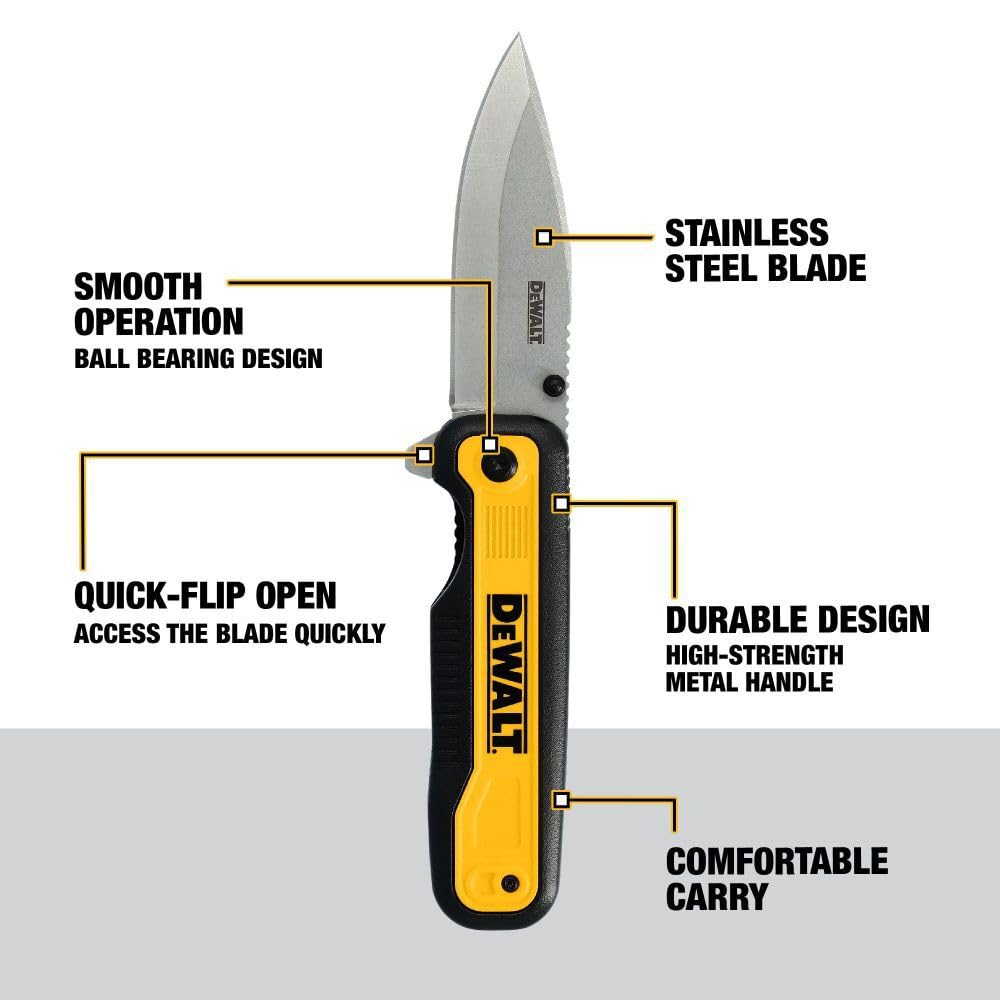 DEWALT Drop Point Pocket Knife with sheath for safe carrying and transport.
