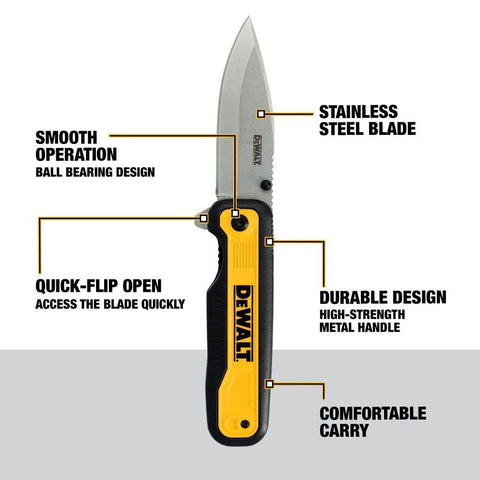 DEWALT Drop Point Pocket Knife with sheath for safe carrying and transport.