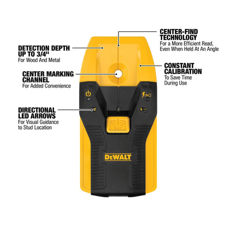 DEWALT DW0100 LED arrows clearly point to the stud location for quick setup.