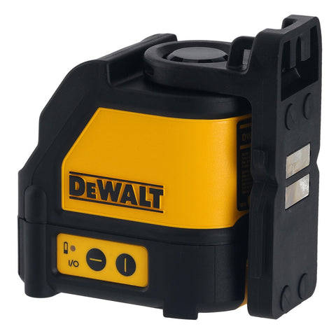 DEWALT DW088K line laser bright red beam in typical workshop lighting.