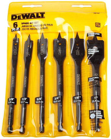 DEWALT DW1587 premium spade bit set in case, designed for precise holes in woodworking projects.