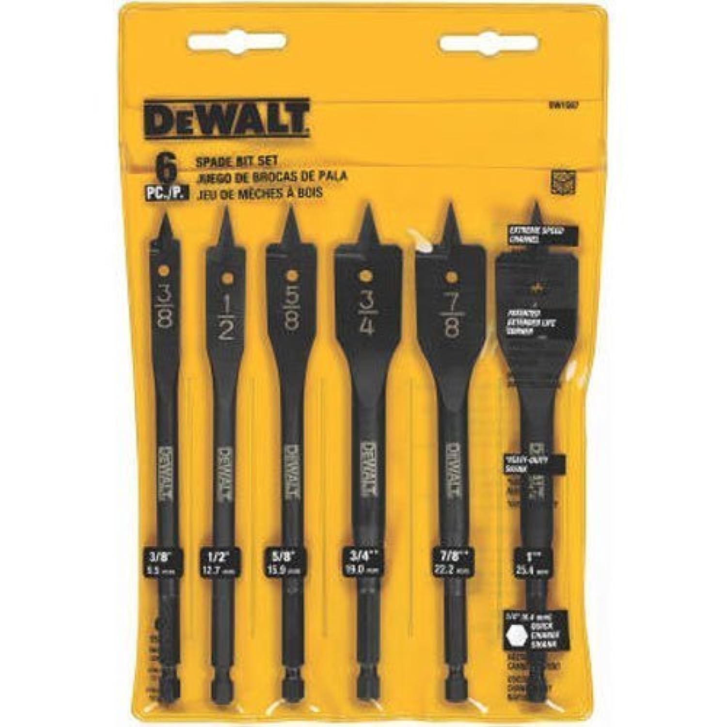 DEWALT DW1587 spade bits 3/8 to 1 inch in a case, ideal for fast, clean wood drilling.