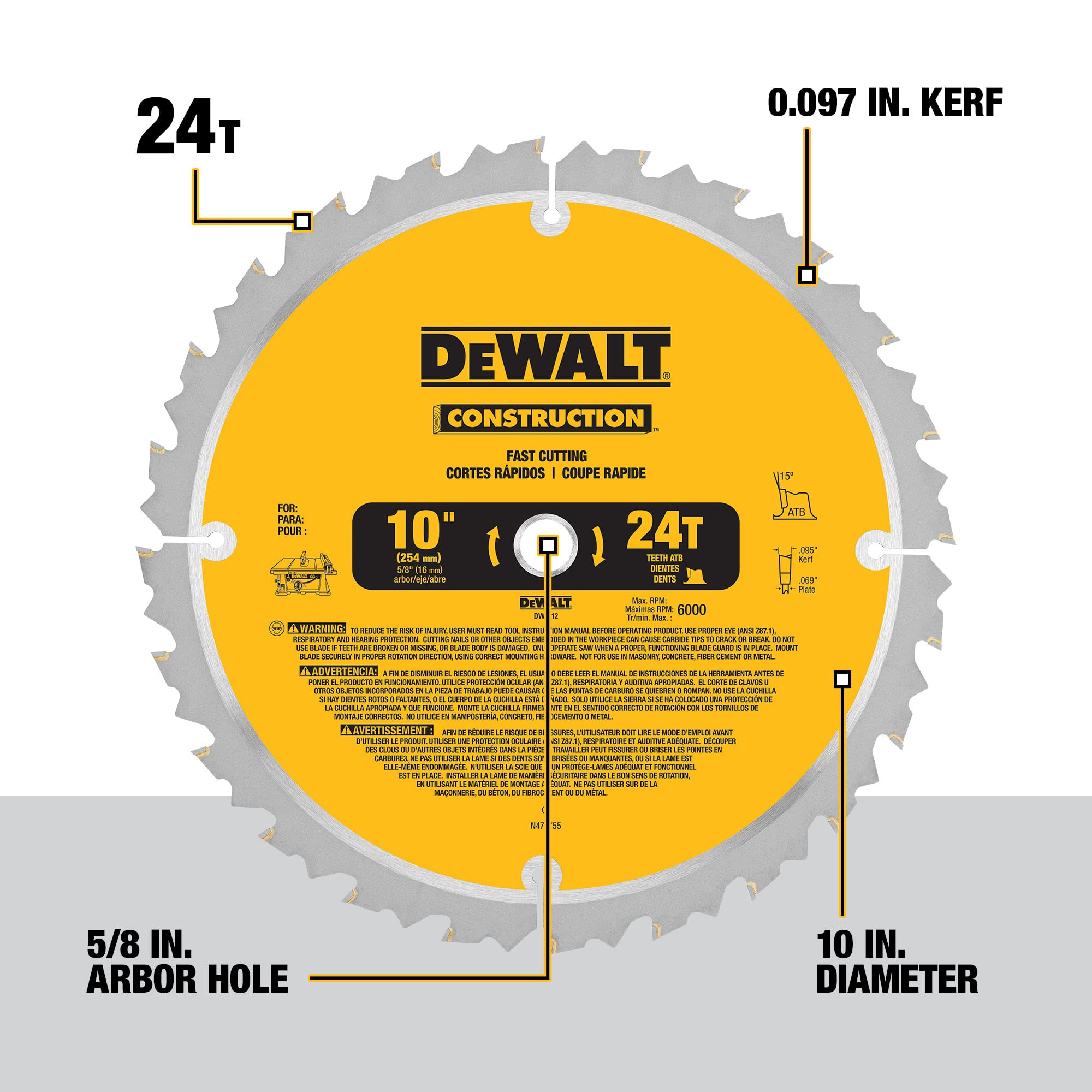 DEWALT DW3112 arbor view highlighting 5/8 inch compatibility with saws