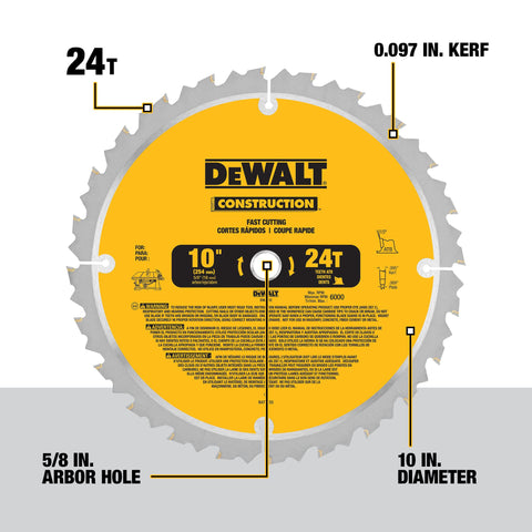 DEWALT DW3112 arbor view highlighting 5/8 inch compatibility with saws