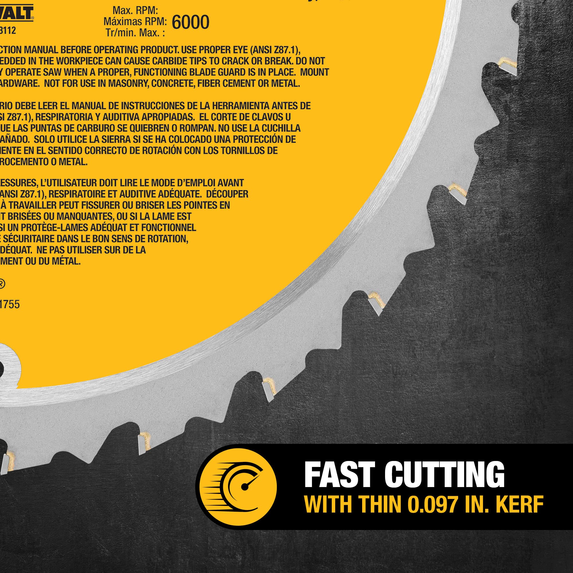 DEWALT DW3112 blade mounted on a miter saw for clean cuts
