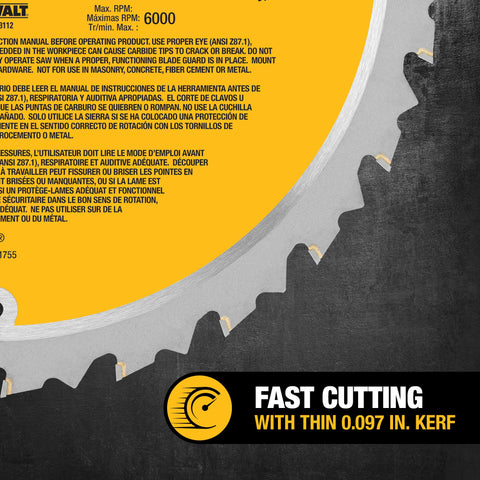 DEWALT DW3112 blade mounted on a miter saw for clean cuts