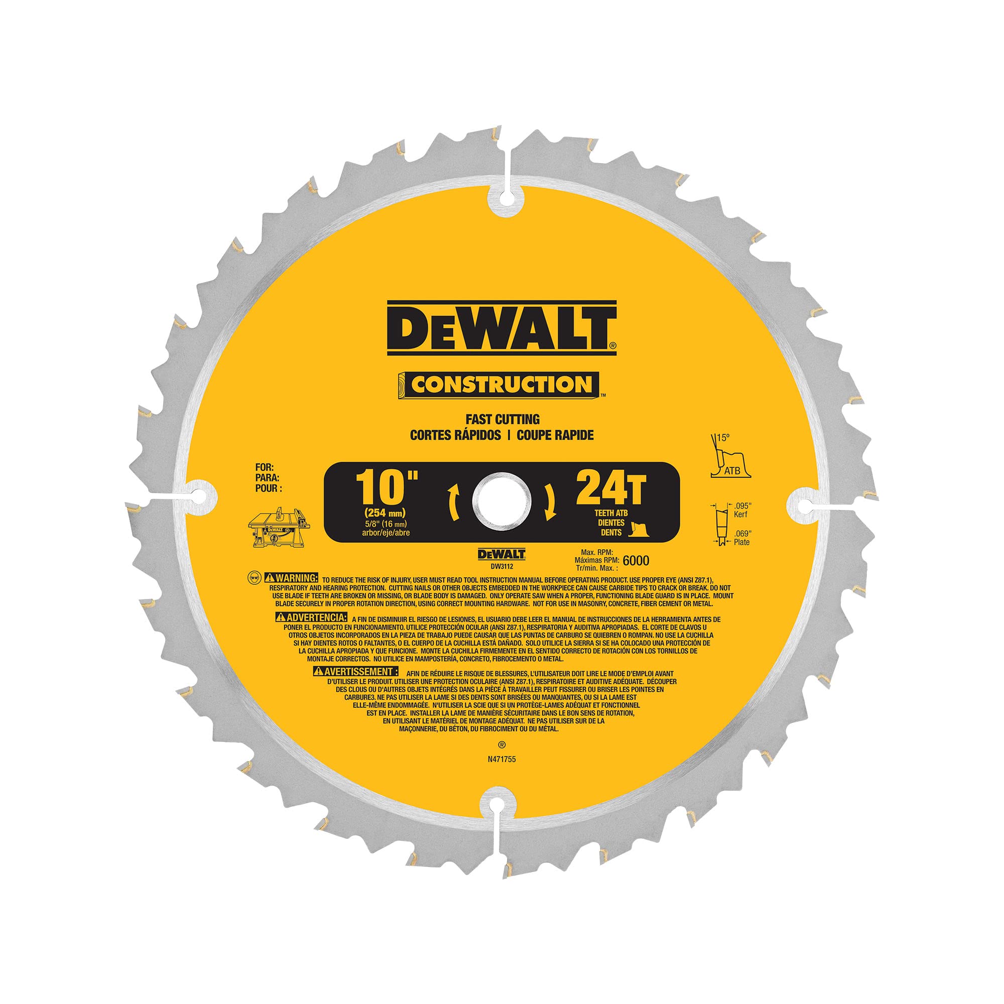 DEWALT DW3112 blade close-up showing ATB teeth for smooth ripping