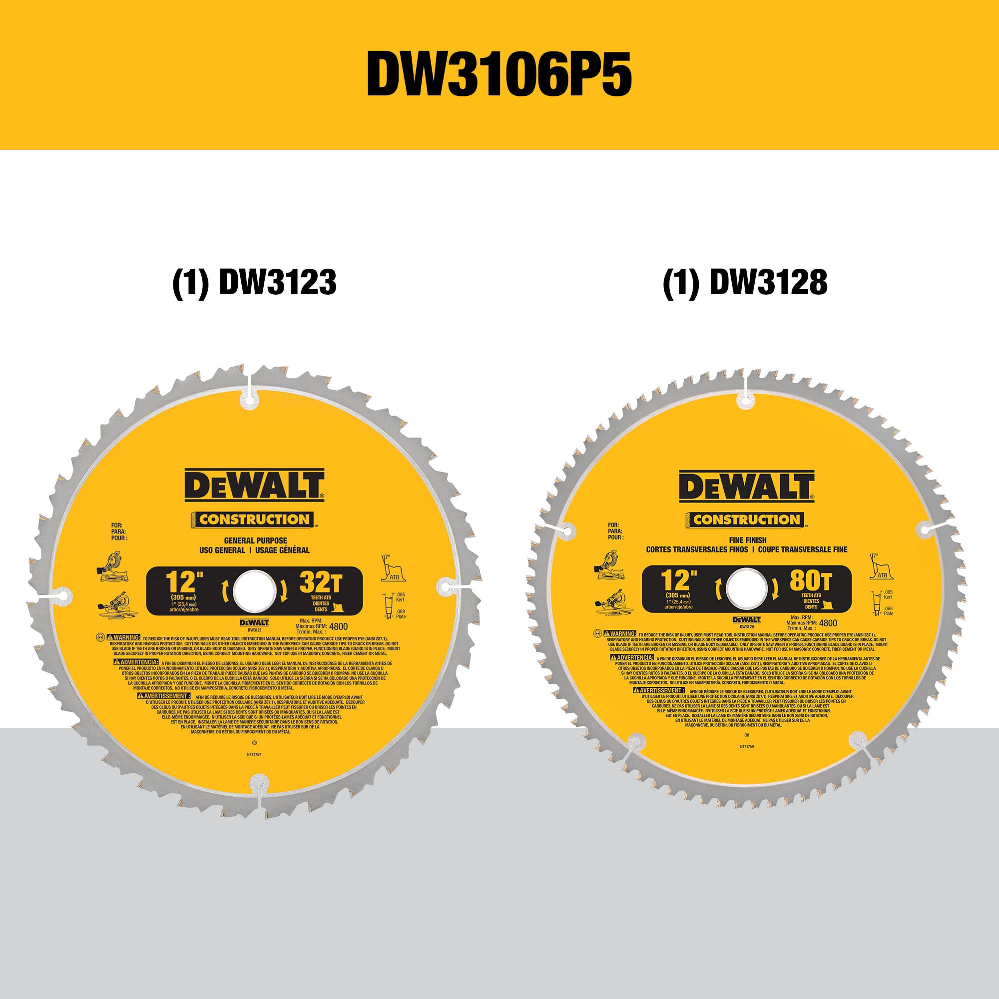 DEWALT 12-inch 32-tooth blade for fast crosscuts in plywood.