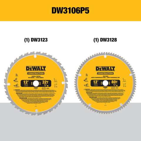 DEWALT 12-inch 32-tooth blade for fast crosscuts in plywood.