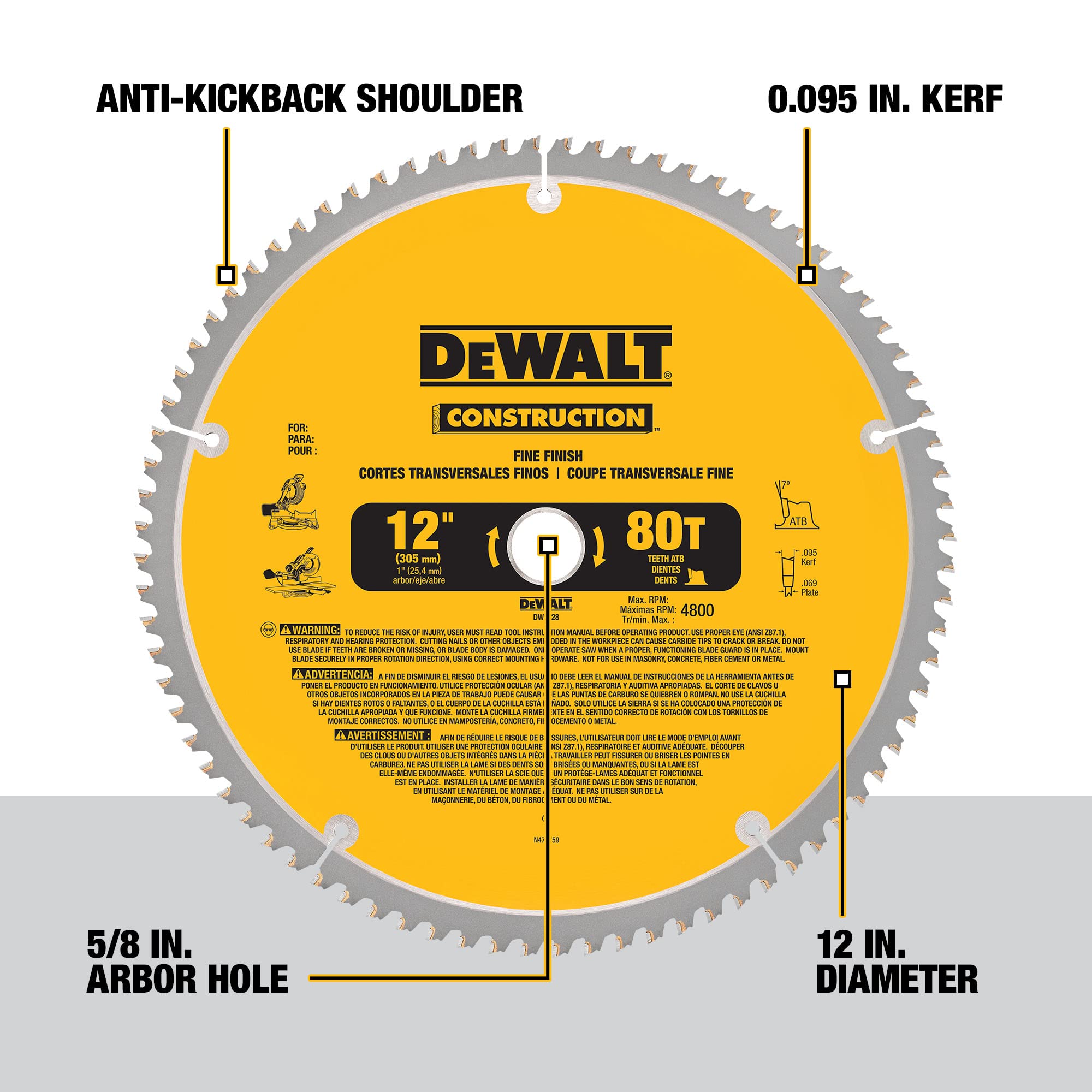 DEWALT installation guide image showing blade mounting on a miter saw.
