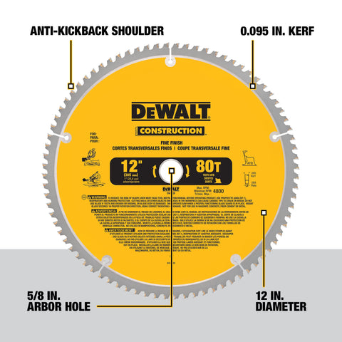 DEWALT installation guide image showing blade mounting on a miter saw.
