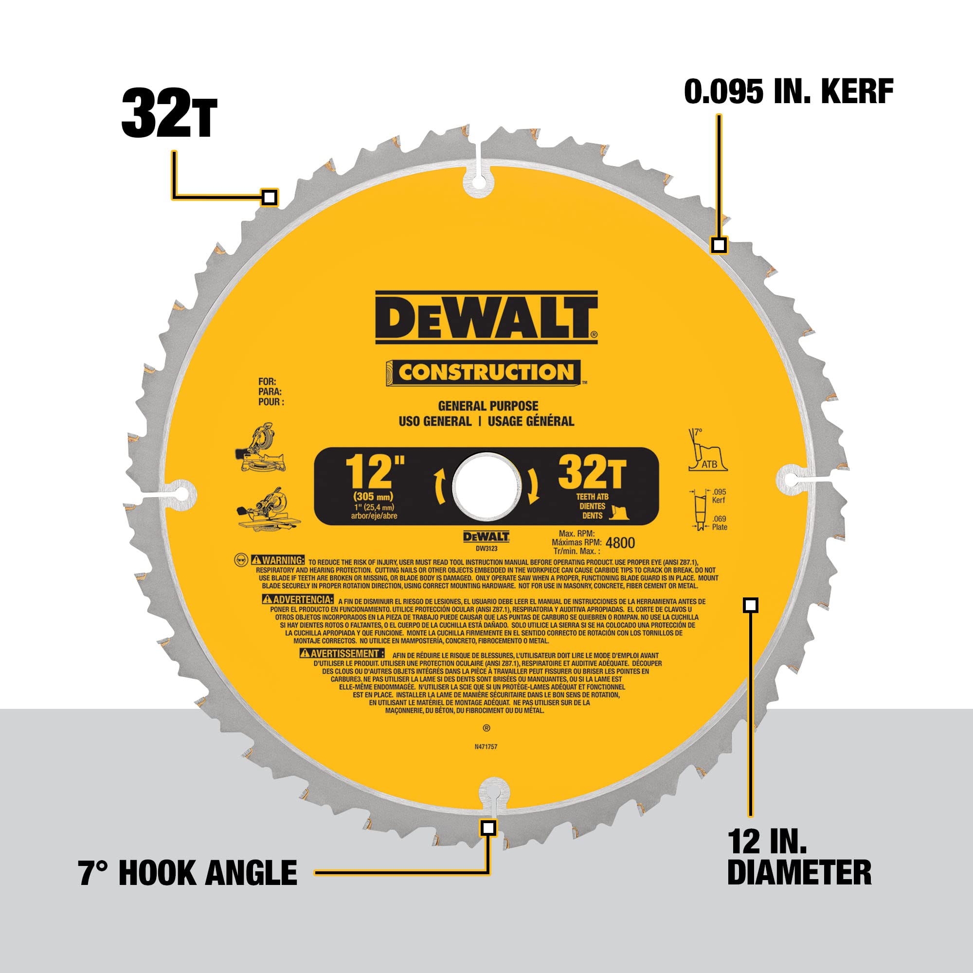 DEWALT DW3128P5 blade set close-up showing thin kerf design.