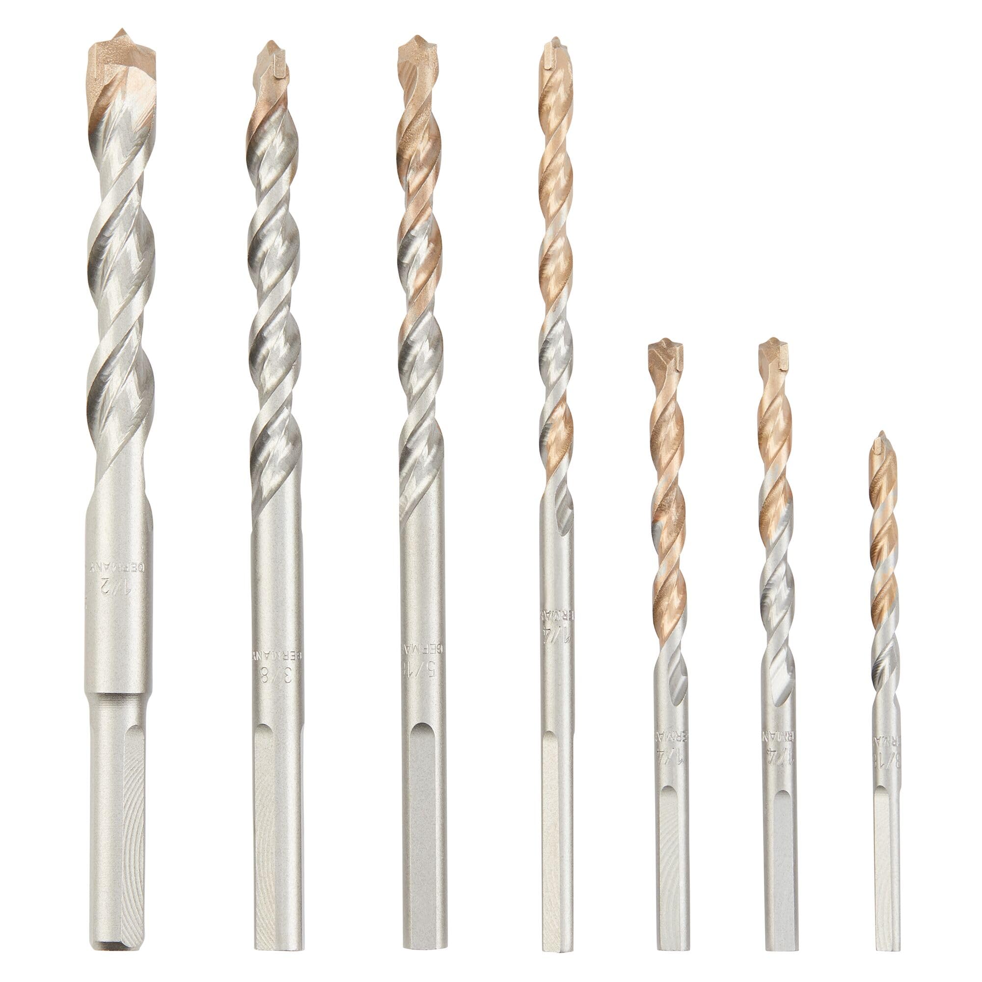 DEWALT DW5207 seven-piece masonry bit set, front view, designed for tough concrete drilling
