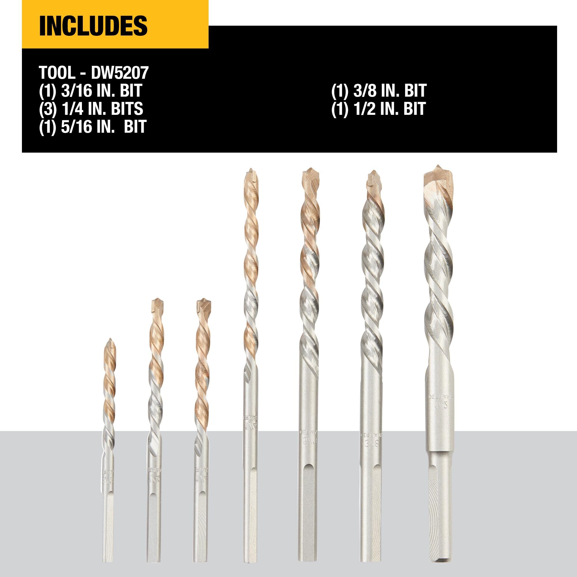 DEWALT DW5207 size guide image showing each bit size for precise anchor holes