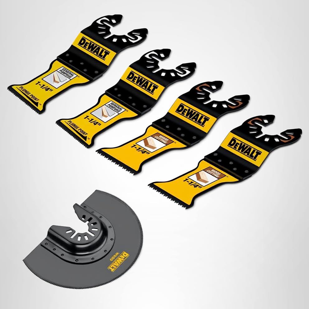 DEWALT DWA425SET general-purpose blades pack highlighting long life in nail-embedded wood