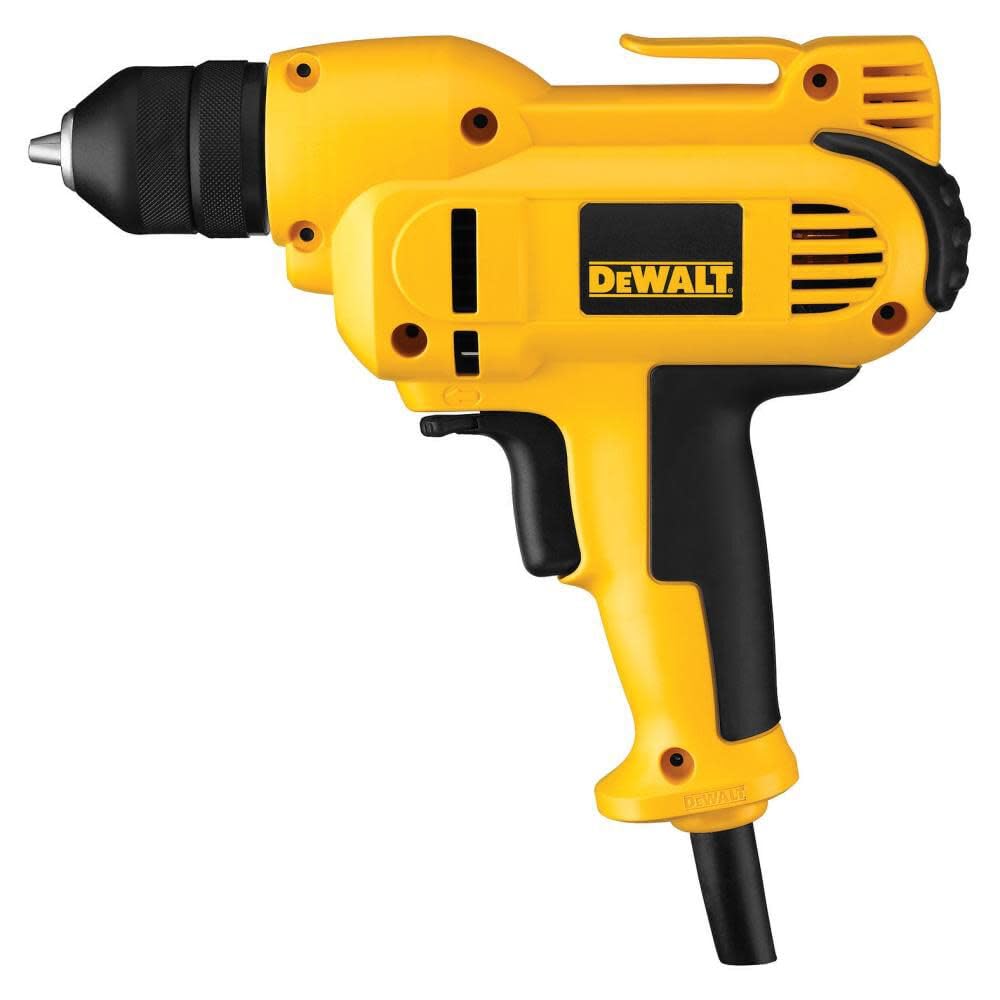 DEWALT DWD115K 8-amp motor powers heavy drilling tasks with reliable performance.