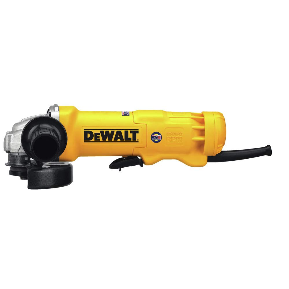 DEWALT DWE402N angle grinder side view showing dust ejection system reduces debris