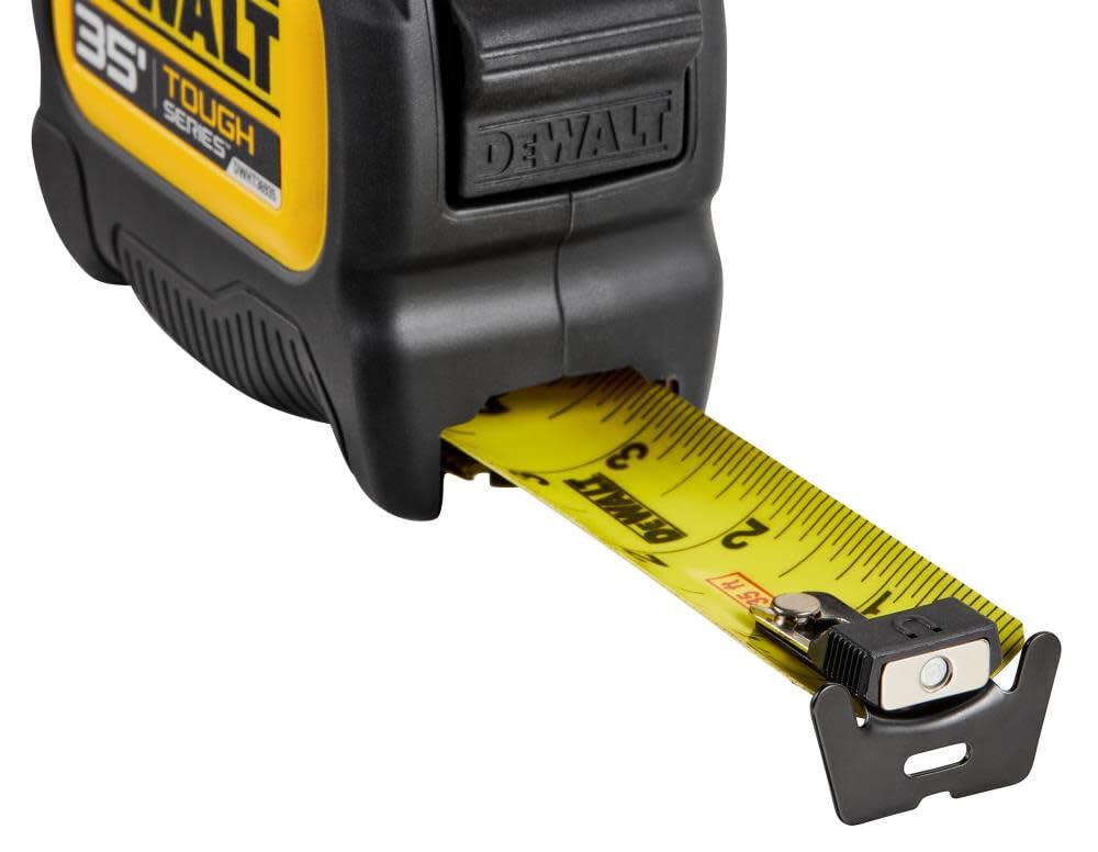 DEWALT ToughSeries 35ft tape measure measuring from angle for versatility