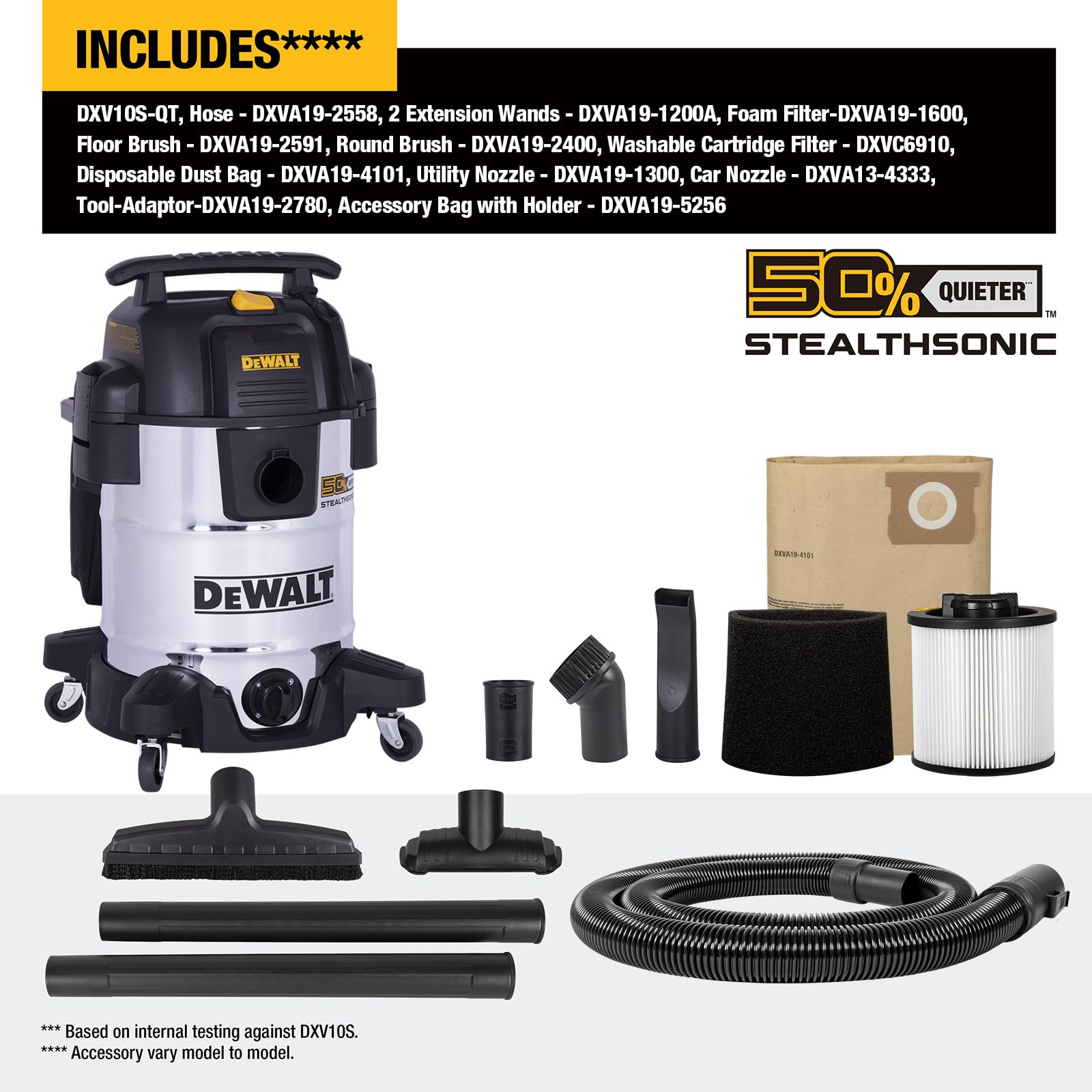 DEWALT DXV10S-QT hose and cord for extended cleaning reach.