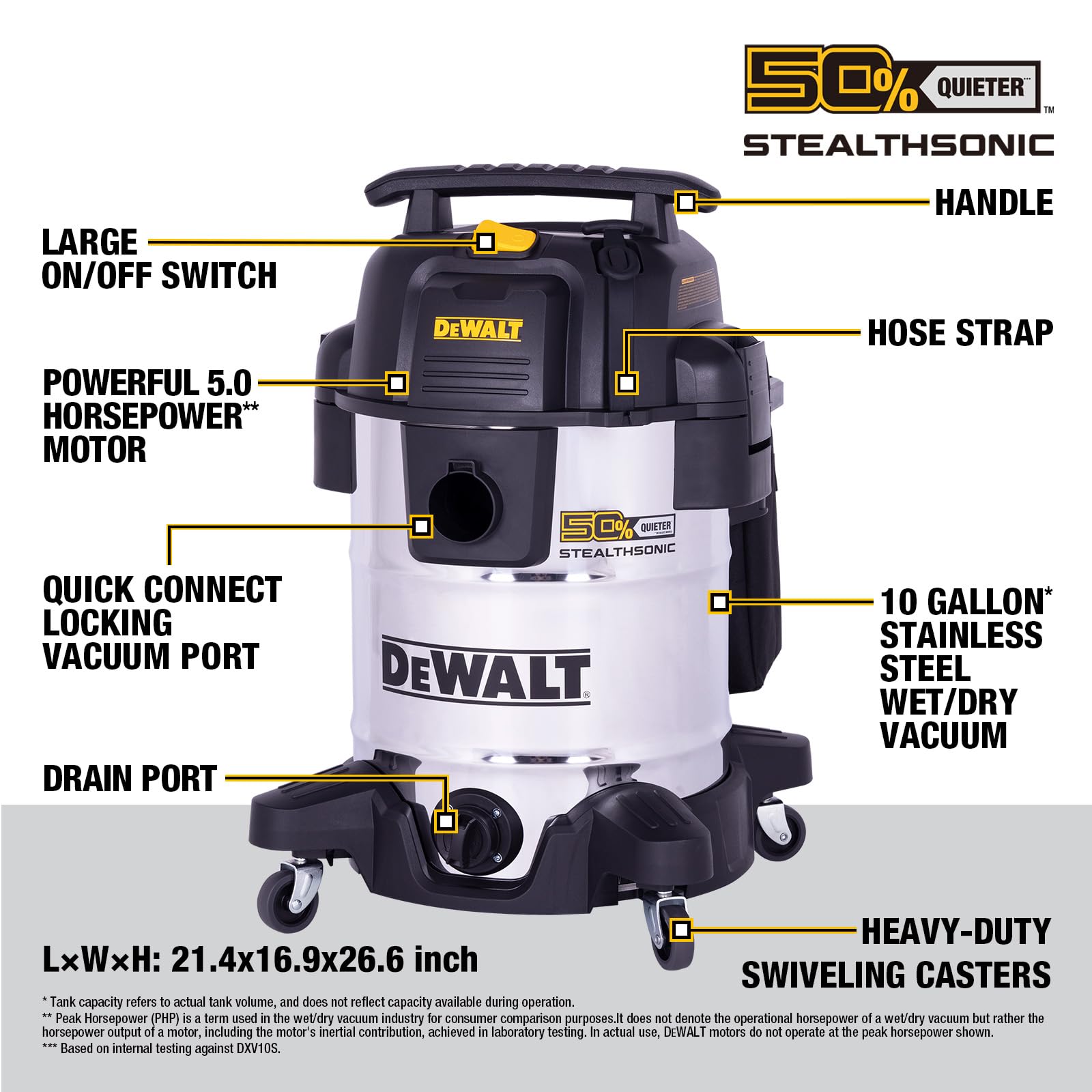 DEWALT DXV10S-QT heavy-duty top handle for easy carrying.